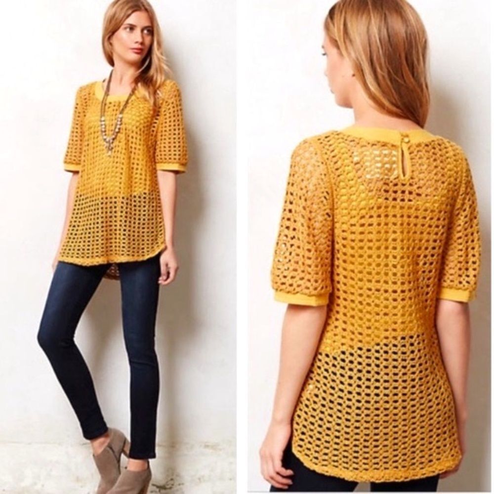 Anthropologie Angel of the North Senoia Mustard Crochet Top Tunic SIZE S